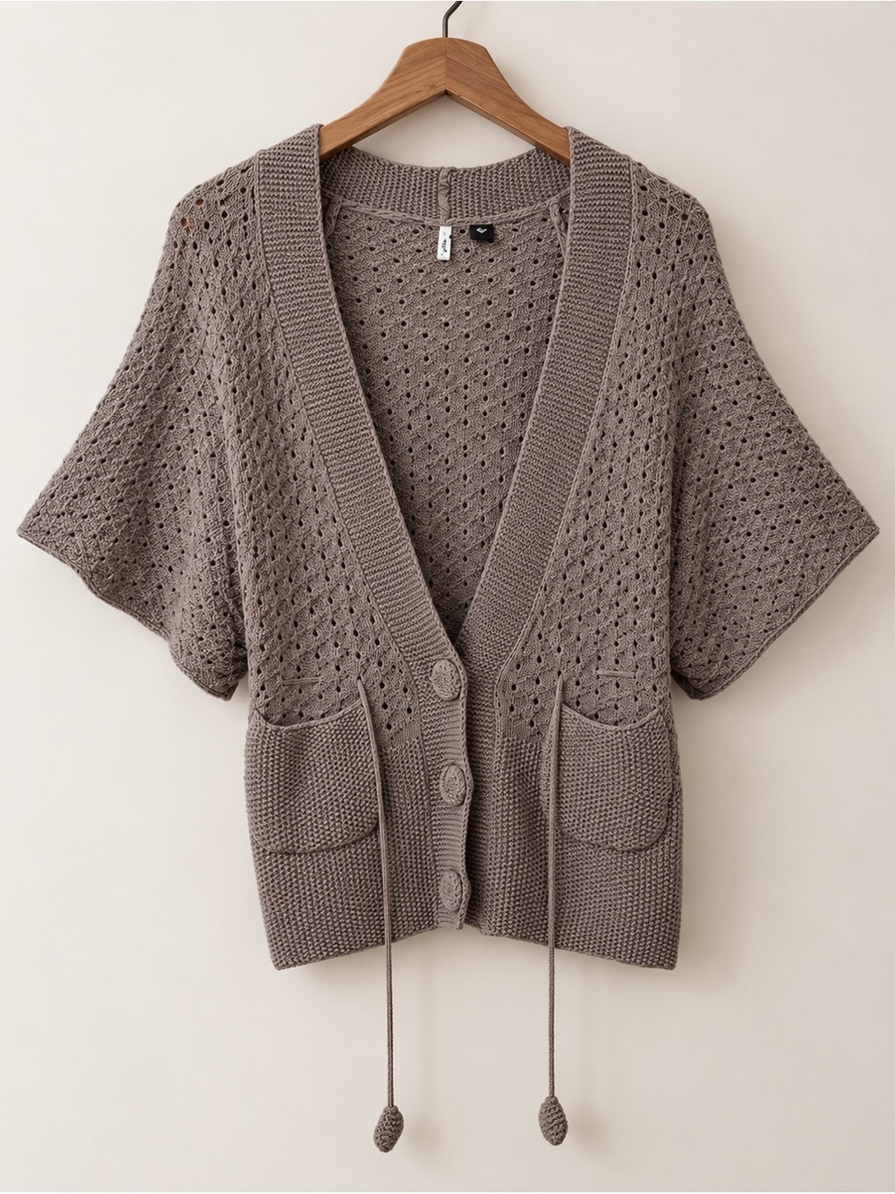 Smitten | Linen Cotton Taupe Short Sleeve Knit Sweater Buttons Tassels Pockets